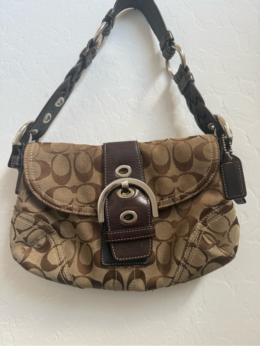 Vintage Coach Tan & Dark Brown Signature Canvas Shoulder Bag